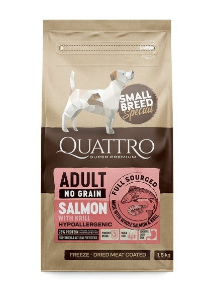 QUATTRO Adult SMALL BREED with SALMON, sausas maistas suaugusiems mažų veislių šunims su lašiša