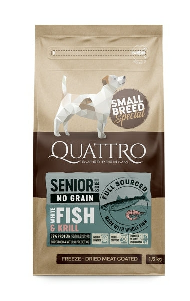 QUATTRO SENIOR SMALL BREED and DIET, sausas maistas vyresnio amžiaus mažų veislių šunims, su žuvimi